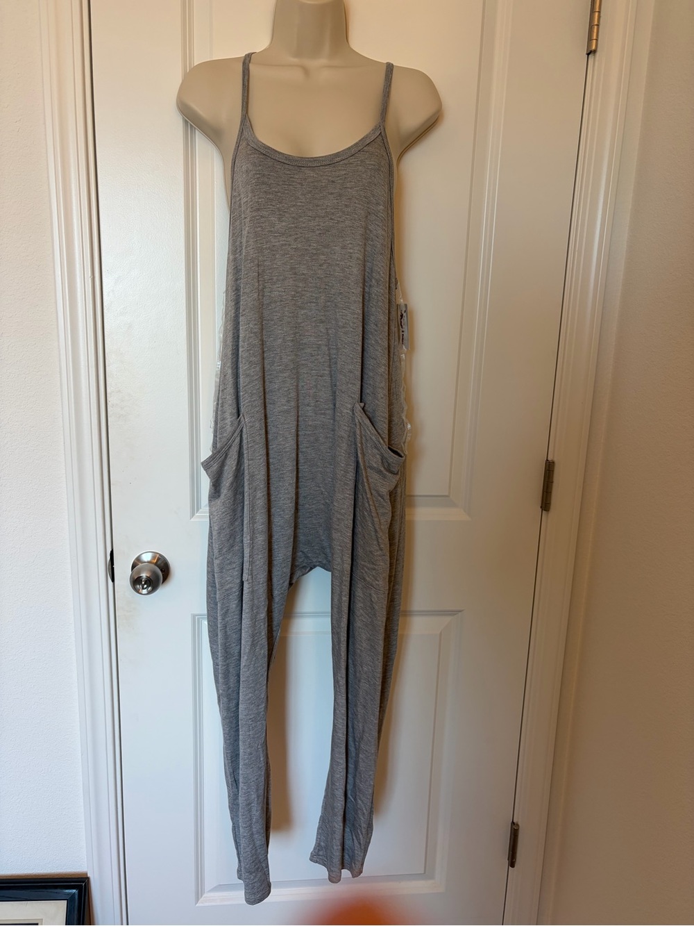 Sleeveless Grey Knit Harem Jumpsuit with Pockets